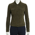 A premium deep olive suede jacket women featuring a luxury tailored fit and handmade jacket suede women's craftsmanship.