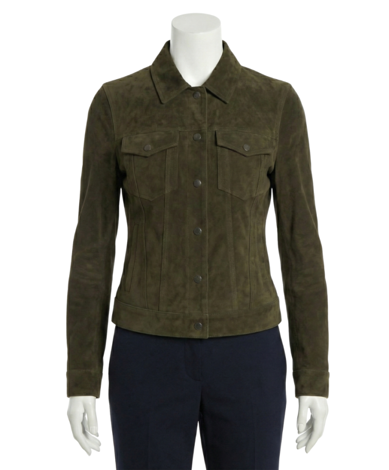 A premium deep olive suede jacket women featuring a luxury tailored fit and handmade jacket suede women's craftsmanship.