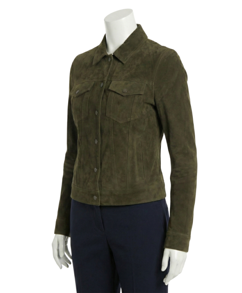 A premium deep olive suede jacket women featuring a luxury tailored fit and handmade jacket suede women's craftsmanship.