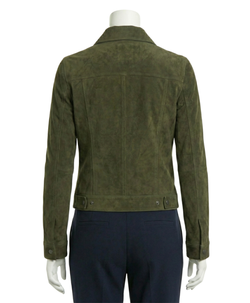 A premium deep olive suede jacket women featuring a luxury tailored fit and handmade jacket suede women's craftsmanship.