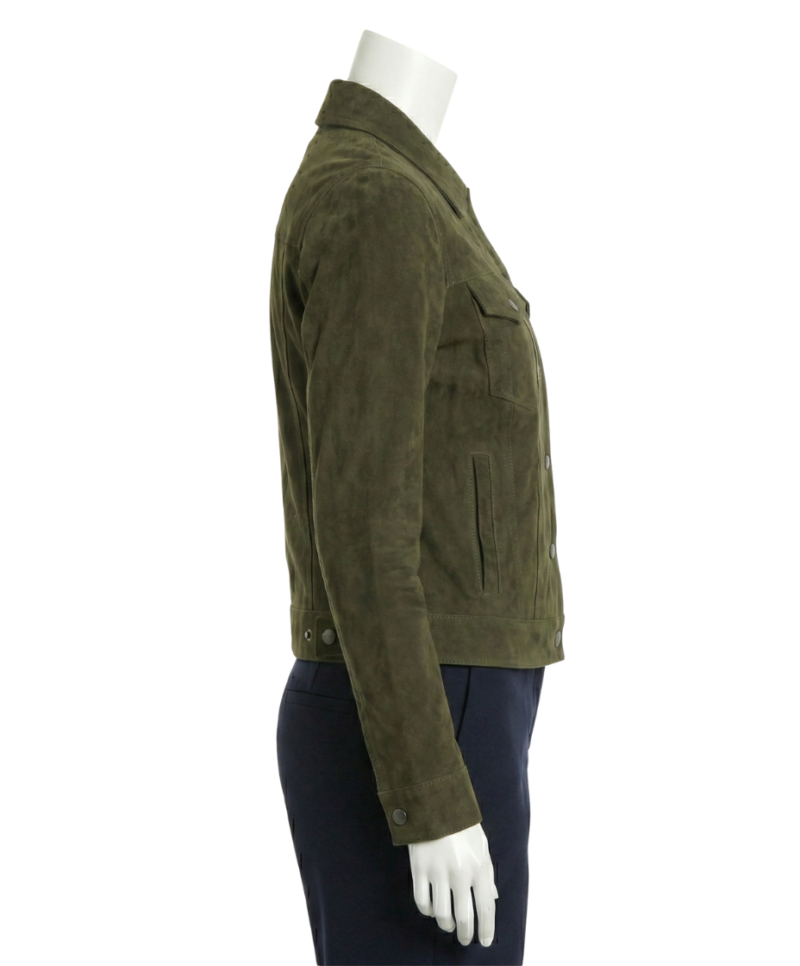 A premium deep olive suede jacket women featuring a luxury tailored fit and handmade jacket suede women's craftsmanship.