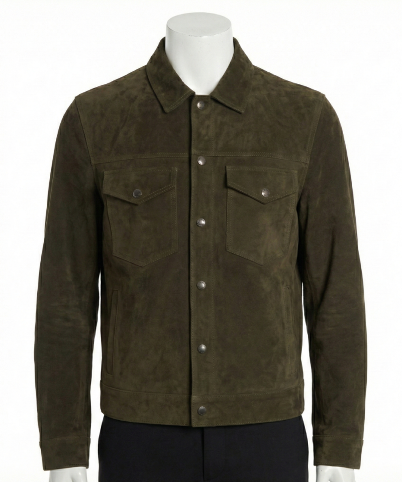 A premium handcrafted cognac suede leather jacket for men featuring a Mens suede leather jacket design and textured finish.