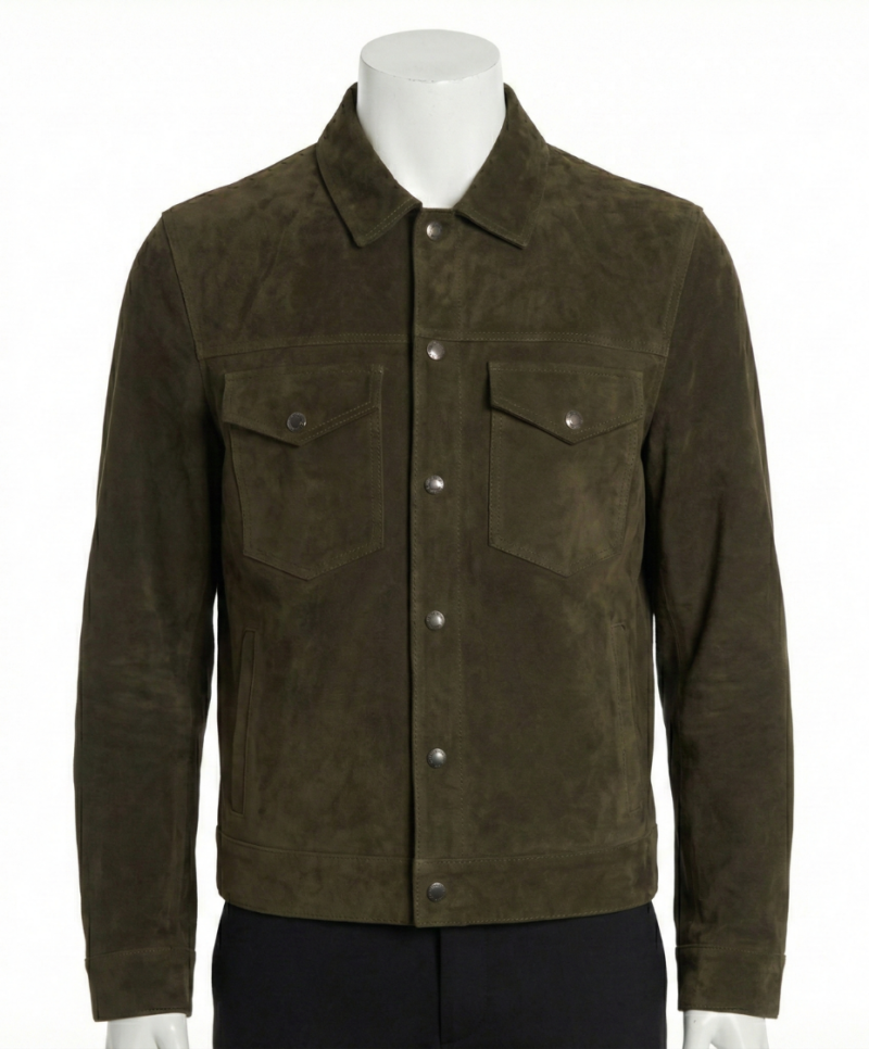 A premium handcrafted cognac suede leather jacket for men featuring a Mens suede leather jacket design and textured finish.