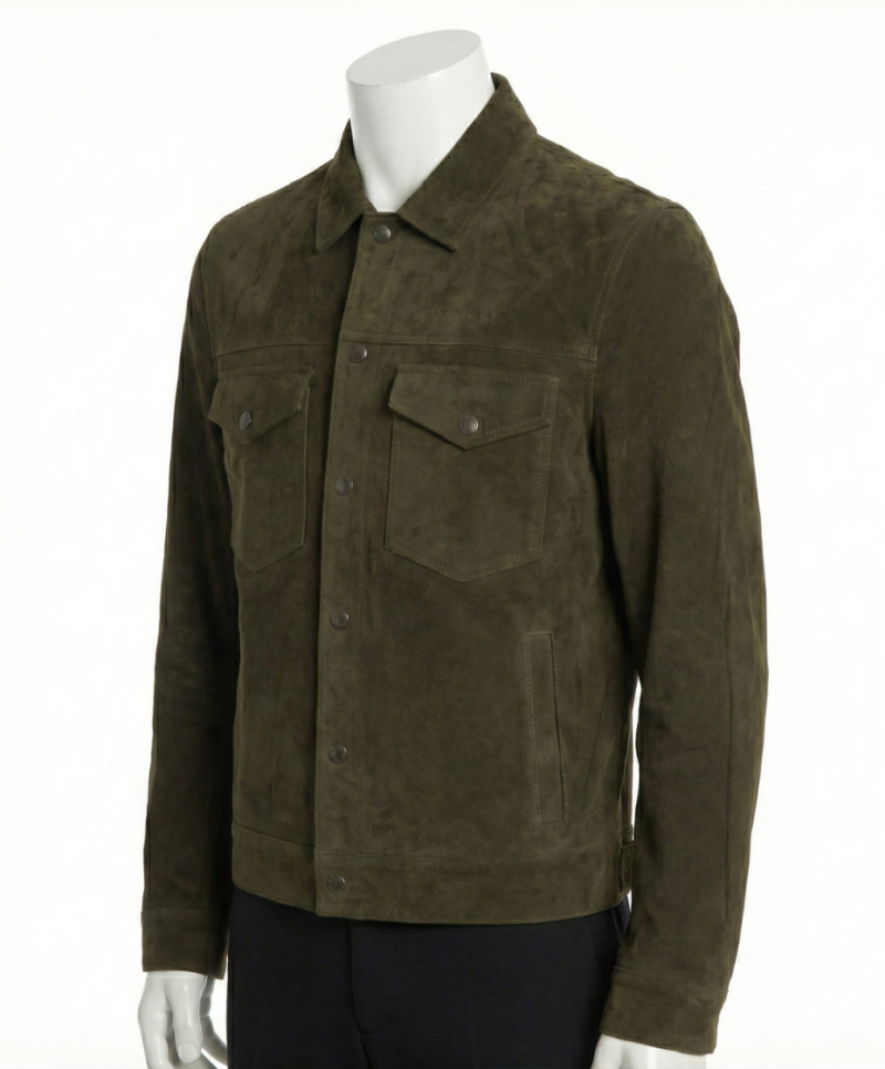 A premium handcrafted cognac suede leather jacket for men featuring a Mens suede leather jacket design and textured finish.