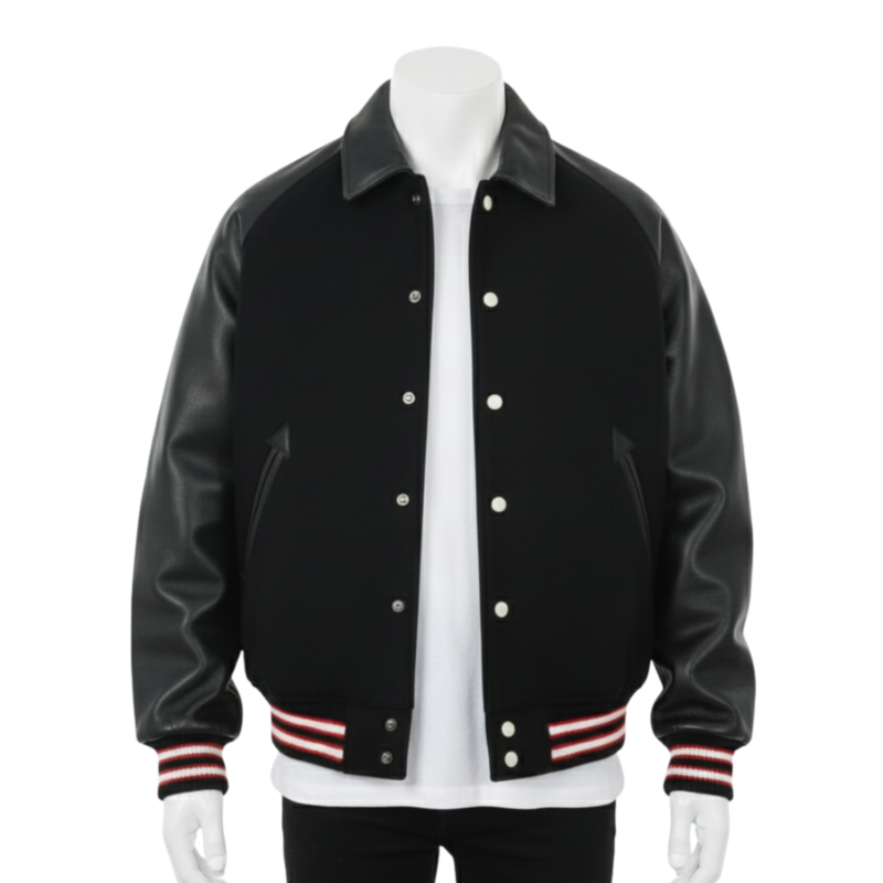 A man wearing a black and white leather varsity jacket with a wool body and snap buttons.