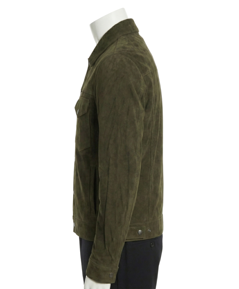 A premium handcrafted cognac suede leather jacket for men featuring a Mens suede leather jacket design and textured finish.