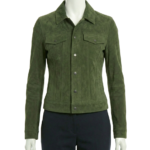 A premium olive green suede jacket women featuring a luxury tailored fit and handmade jacket suede women's craftsmanship.