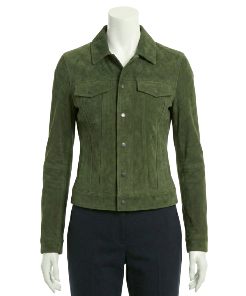 A premium olive green suede jacket women featuring a luxury tailored fit and handmade jacket suede women's craftsmanship.