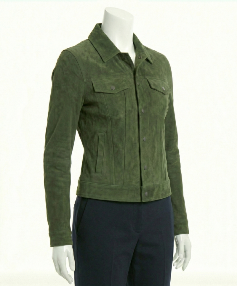 A premium olive green suede jacket women featuring a luxury tailored fit and handmade jacket suede women's craftsmanship.