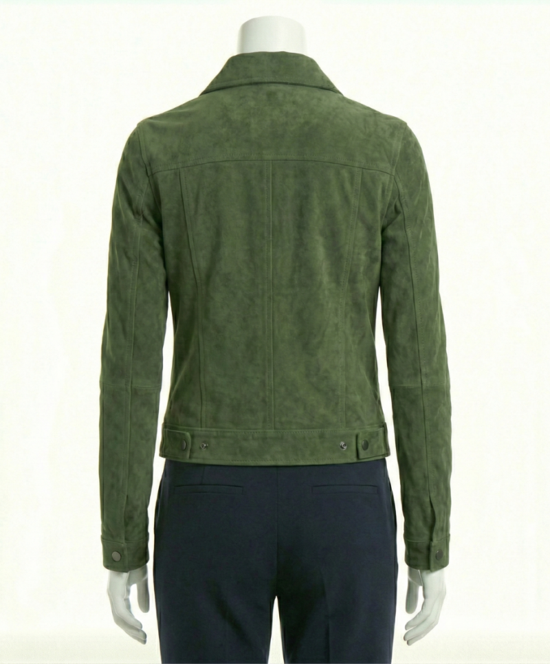 A premium olive green suede jacket women featuring a luxury tailored fit and handmade jacket suede women's craftsmanship.