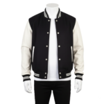 A handcrafted wool and leather mens varsity jacket highlighting bespoke tailoring.
