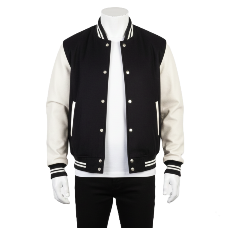 A handcrafted wool and leather mens varsity jacket highlighting bespoke tailoring.