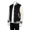 A handcrafted wool and leather mens varsity jacket highlighting bespoke tailoring.