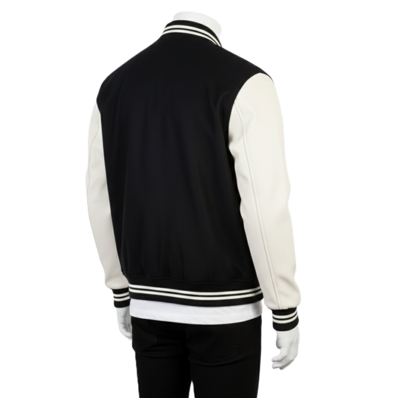 A handcrafted wool and leather mens varsity jacket highlighting bespoke tailoring.