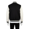 A handcrafted wool and leather mens varsity jacket highlighting bespoke tailoring.