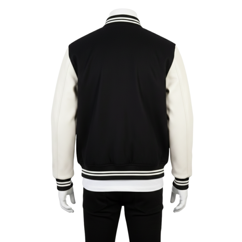 A handcrafted wool and leather mens varsity jacket highlighting bespoke tailoring.