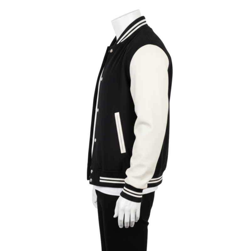 A handcrafted wool and leather mens varsity jacket highlighting bespoke tailoring.