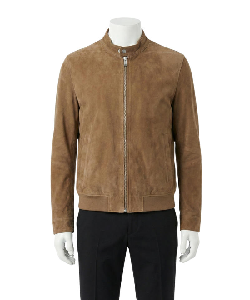 A premium handcrafted cognac suede leather jacket for men featuring a Mens Suede Leather Jacket design.