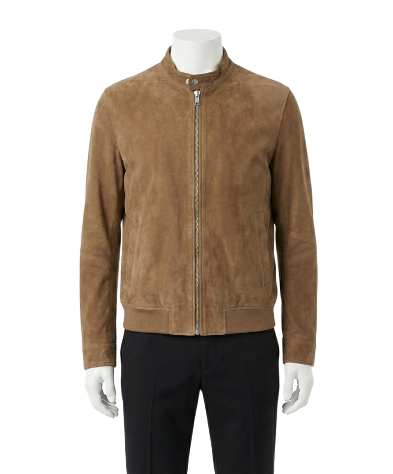 A premium handcrafted cognac suede leather jacket for men featuring a Mens Suede Leather Jacket design.