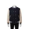A handcrafted wool and leather mens varsity jacket highlighting bespoke tailoring.