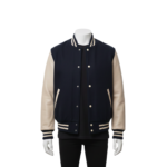 A handcrafted wool and leather mens varsity jacket highlighting bespoke tailoring.