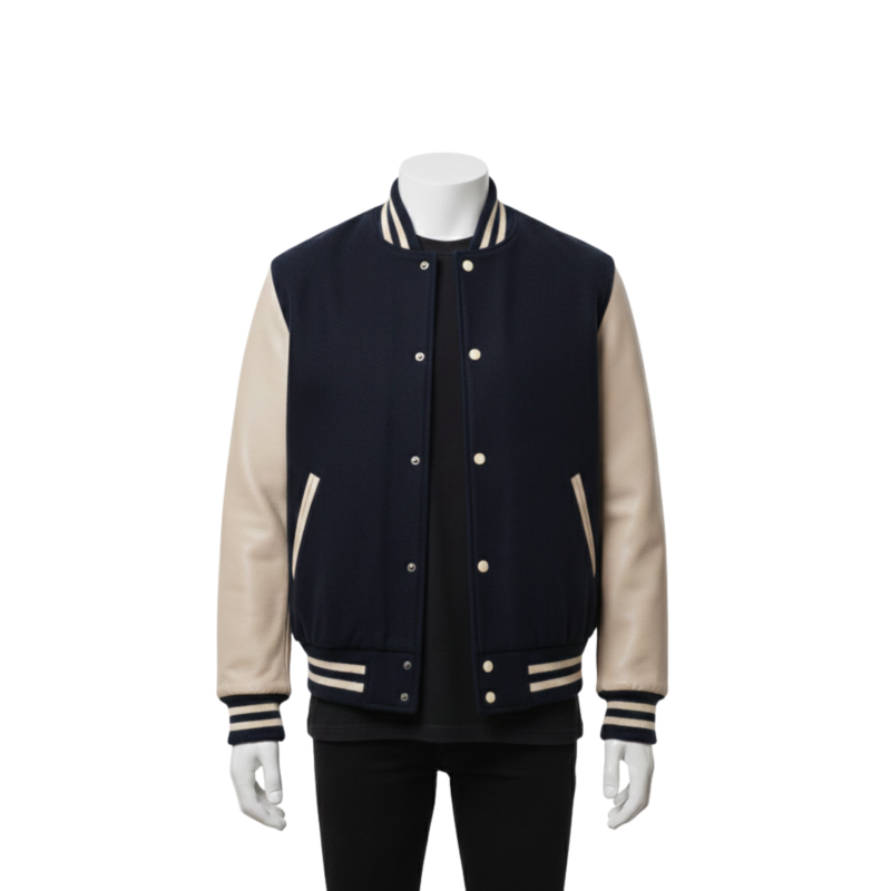 A handcrafted wool and leather mens varsity jacket highlighting bespoke tailoring.