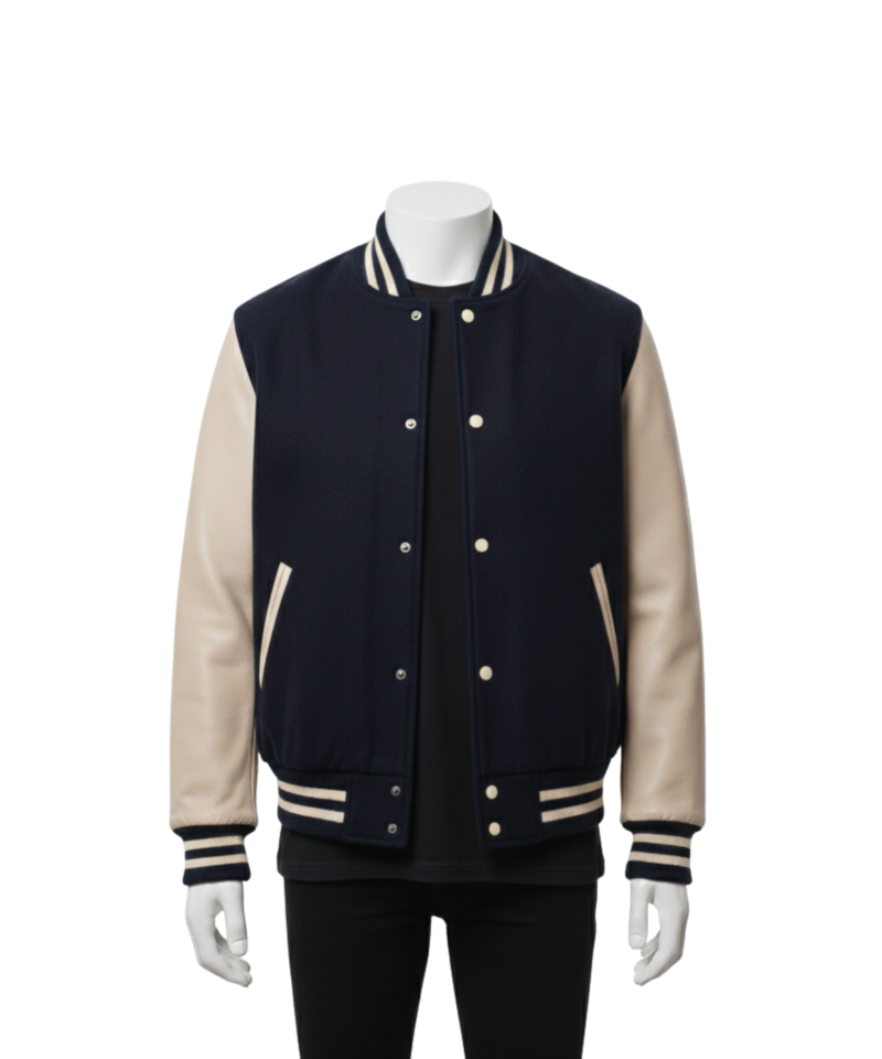 A handcrafted wool and leather mens varsity jacket highlighting bespoke tailoring.