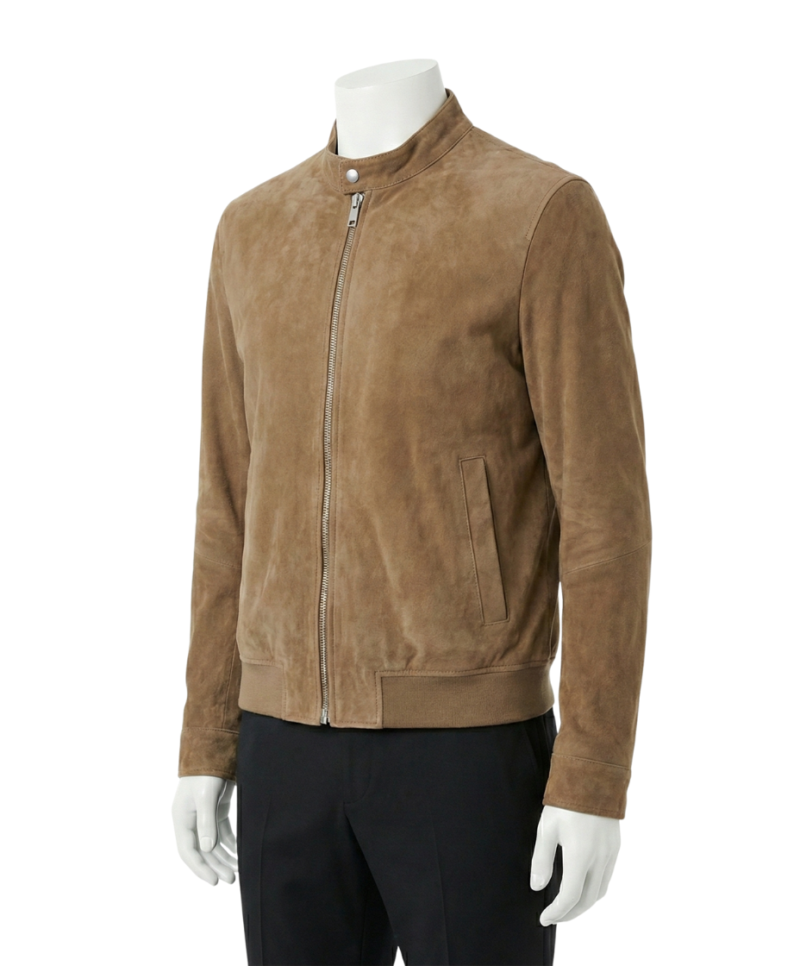 A premium handcrafted cognac suede leather jacket for men featuring a Mens Suede Leather Jacket design.