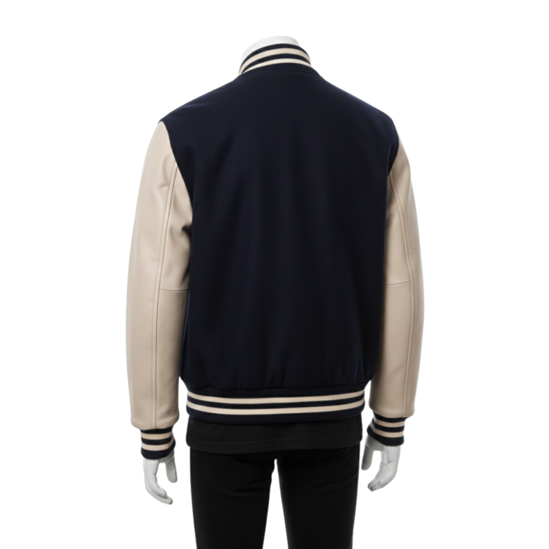 A handcrafted wool and leather mens varsity jacket highlighting bespoke tailoring.