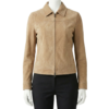 A premium beige suede leather women jacket featuring a luxury tailored fit and handmade craftsmanship.