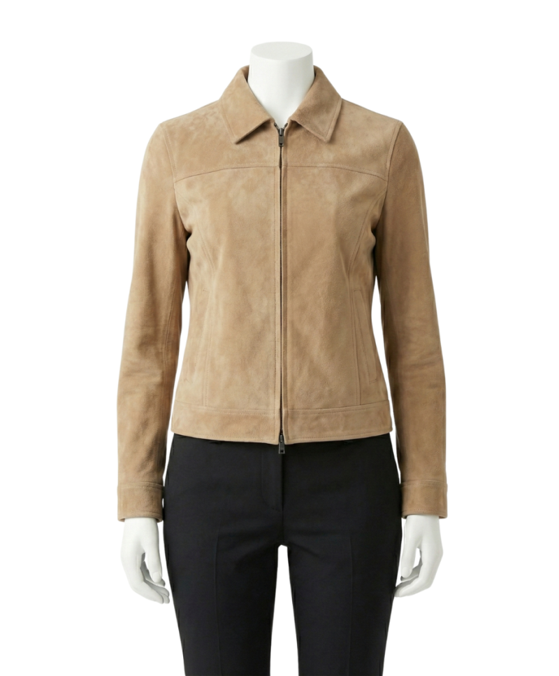 A premium beige suede leather women jacket featuring a luxury tailored fit and handmade craftsmanship.
