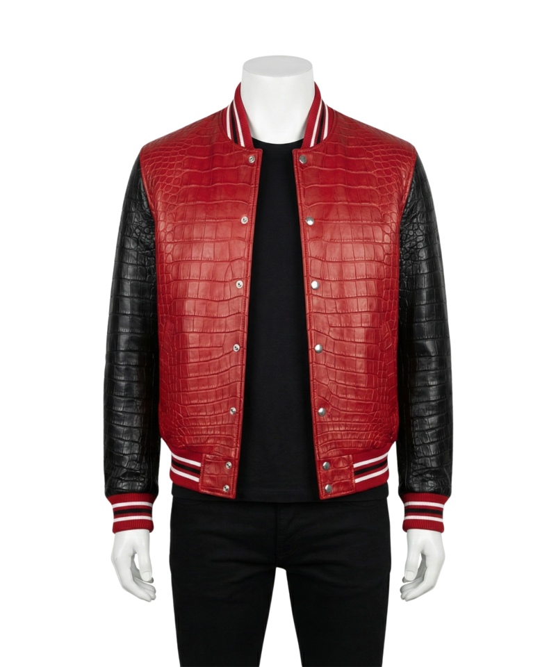 A premium handcrafted black and white leather varsity jacket featuring crocodile embossed textures and a jacket varsity jacket design.
