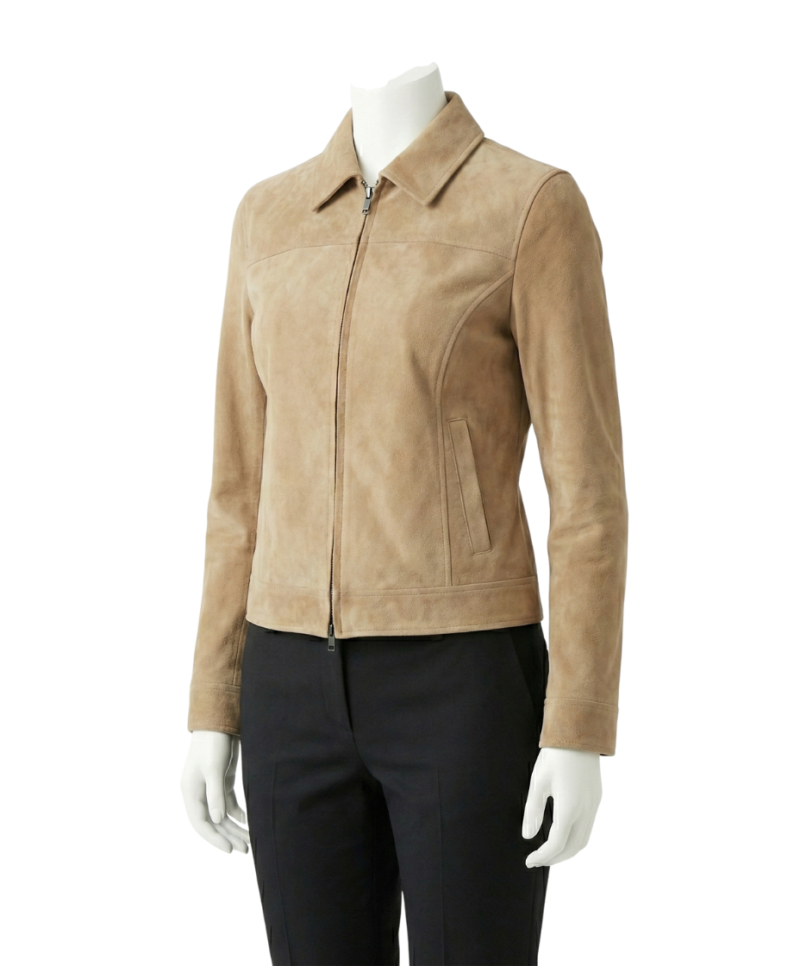 A premium beige suede leather women jacket featuring a luxury tailored fit and handmade craftsmanship.