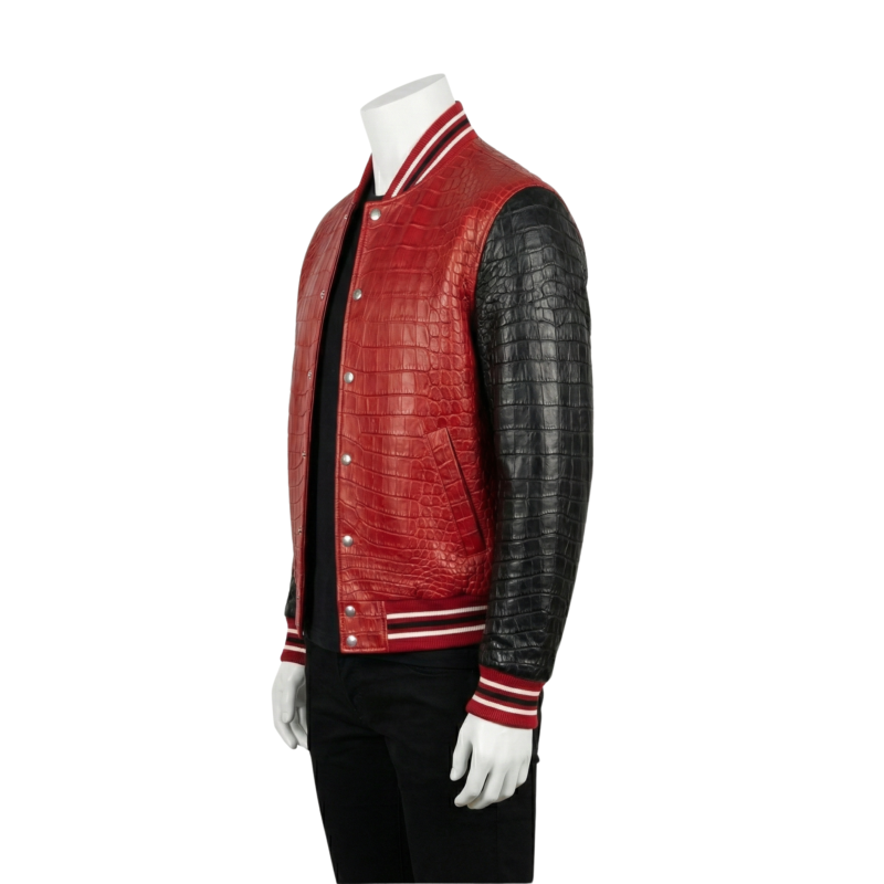 A premium handcrafted black and white leather varsity jacket featuring crocodile embossed textures and a jacket varsity jacket design.