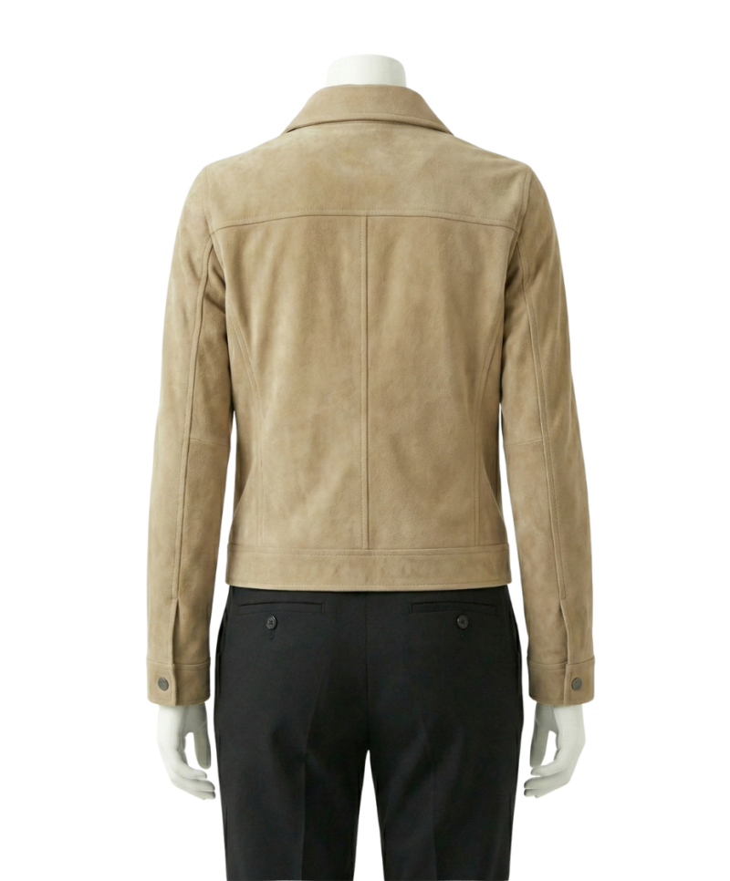 A premium beige suede leather women jacket featuring a luxury tailored fit and handmade craftsmanship.