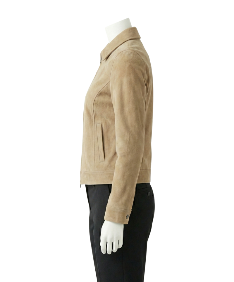 A premium beige suede leather women jacket featuring a luxury tailored fit and handmade craftsmanship.