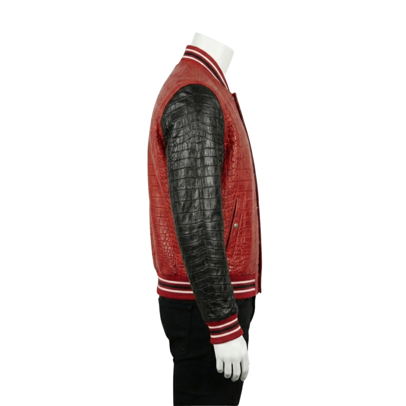 A premium handcrafted black and white leather varsity jacket featuring crocodile embossed textures and a jacket varsity jacket design.