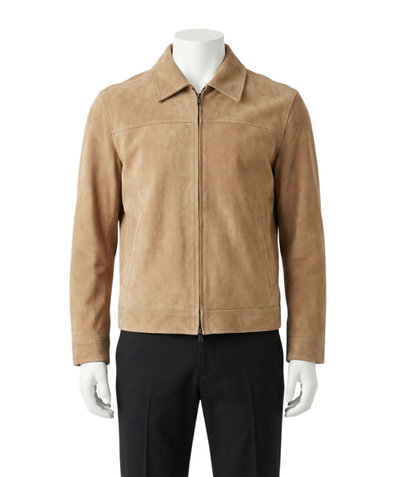 A premium handcrafted tan suede leather jacket for men featuring a Mens Suede Leather Jacket design.