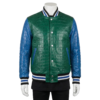 A premium handcrafted green and blue leather varsity jacket featuring crocodile embossed textures and a Varsity Jacket Leather Jacket design.