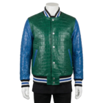 A premium handcrafted green and blue leather varsity jacket featuring crocodile embossed textures and a Varsity Jacket Leather Jacket design.