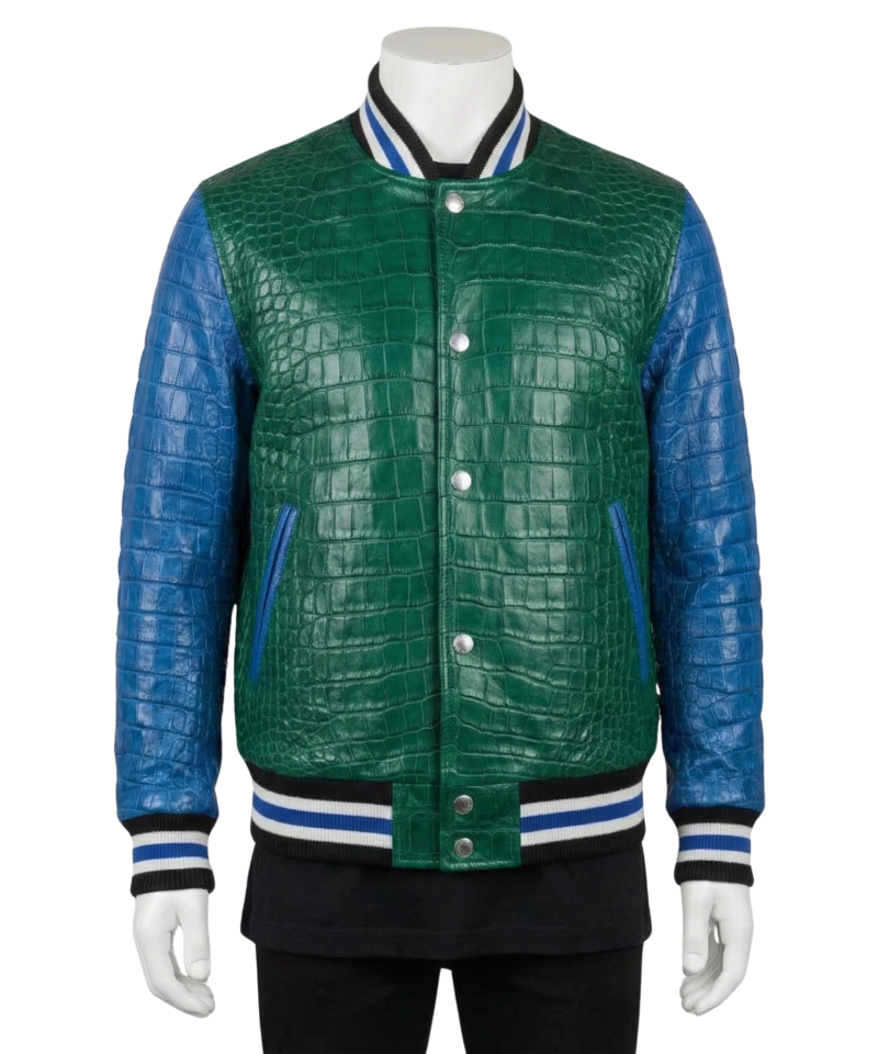 A premium handcrafted green and blue leather varsity jacket featuring crocodile embossed textures and a Varsity Jacket Leather Jacket design.