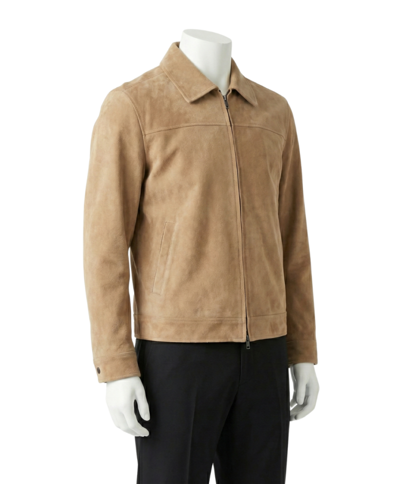 A premium handcrafted tan suede leather jacket for men featuring a Mens Suede Leather Jacket design.