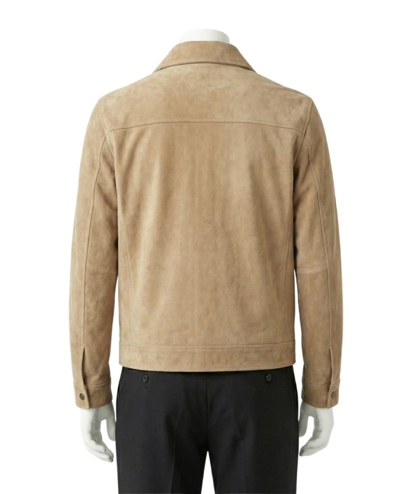 A premium handcrafted tan suede leather jacket for men featuring a Mens Suede Leather Jacket design.
