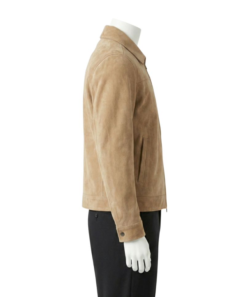 A premium handcrafted tan suede leather jacket for men featuring a Mens Suede Leather Jacket design.