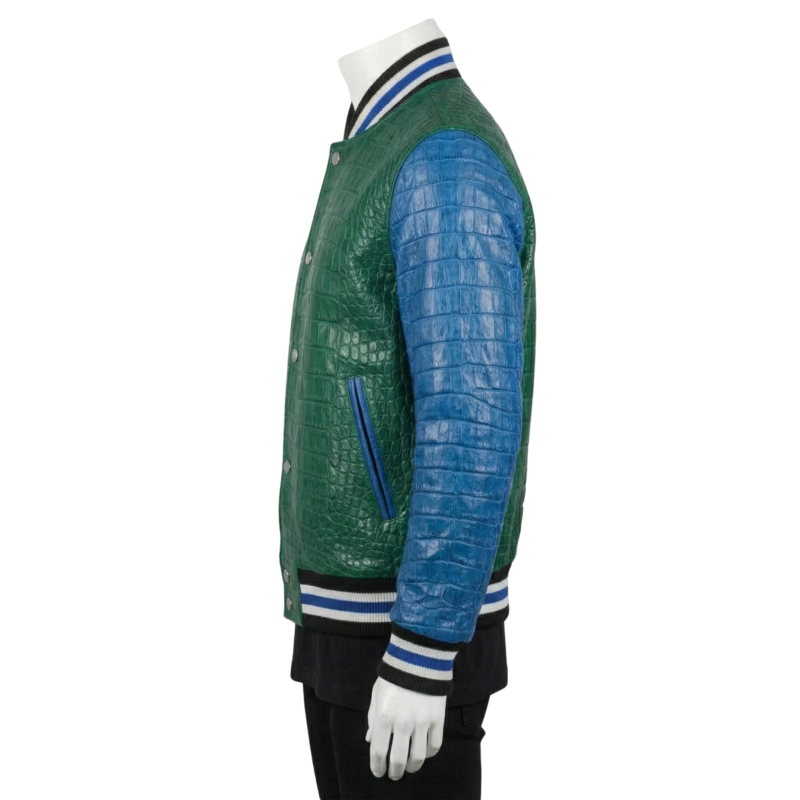 A premium handcrafted green and blue leather varsity jacket featuring crocodile embossed textures and a Varsity Jacket Leather Jacket design.