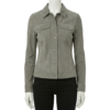 A premium greyish green women's suede jacket with handmade stitching.
