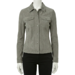 A premium greyish green women's suede jacket with handmade stitching.