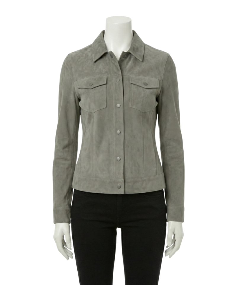A premium greyish green women's suede jacket with handmade stitching.