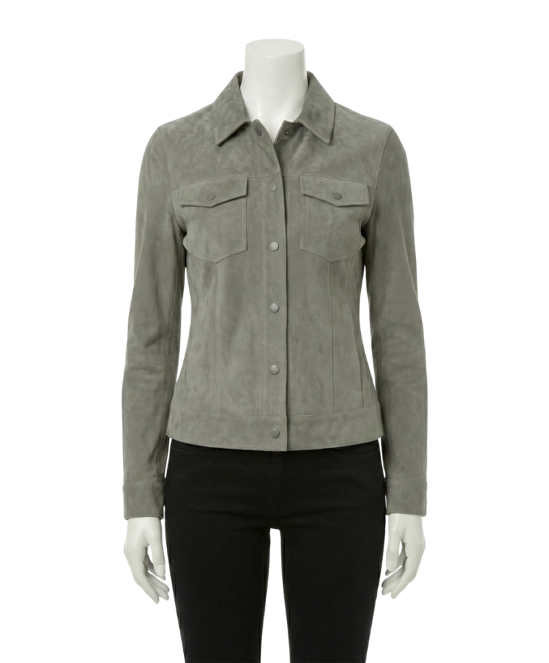A premium greyish green women's suede jacket with handmade stitching.