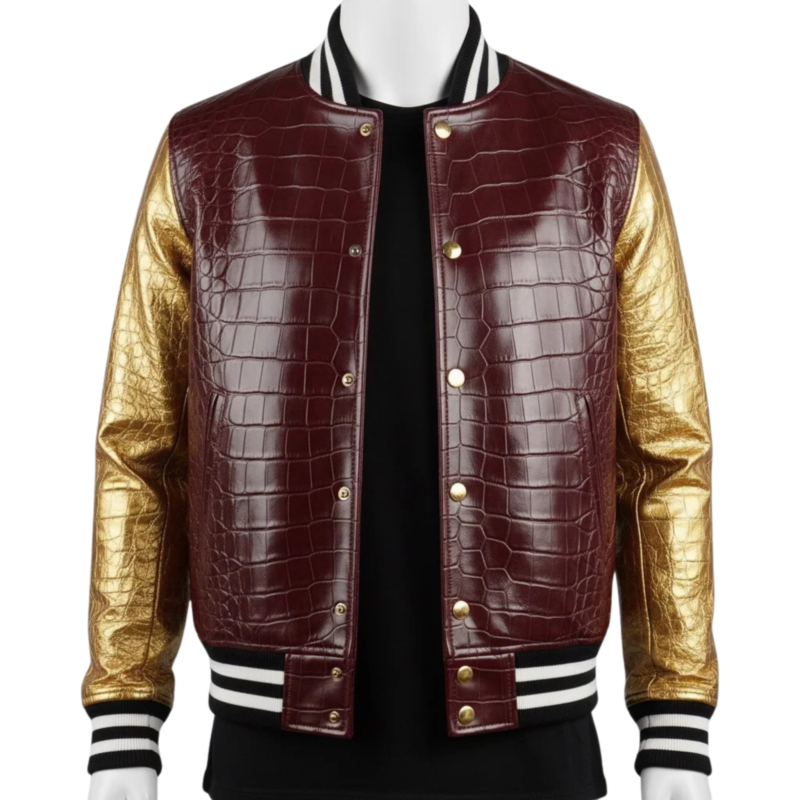 A premium handcrafted dark red and gold leather varsity jacket featuring crocodile embossed textures and a Varsity Jacket Leather Jacket design.